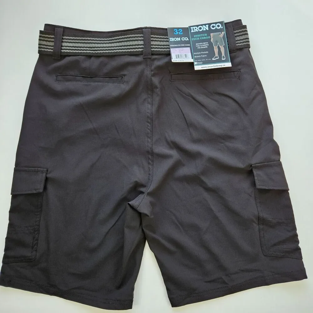 Iron Co NWT Men's Stretch Tech Belted Cargo Shorts Black 32
